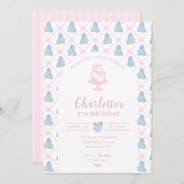 Convites Trellis de Hortênsia Azul Verde com Laço Rosa (Frente/Verso)