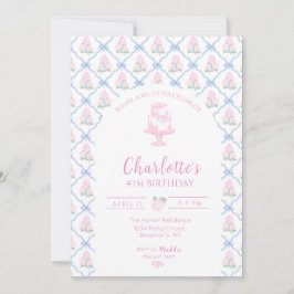 Convites Trellis de Hortênsia Verde Rosa com Laço Azul