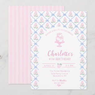 Convites Trellis de Hortênsia Verde Rosa com Laço Azul