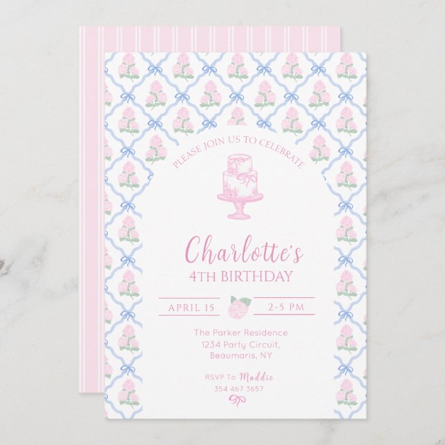 Convites Trellis de Hortênsia Verde Rosa com Laço Azul (Frente/Verso)