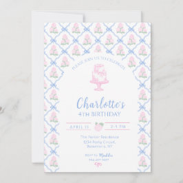 Convites Trellis de Hortênsia Verde Rosa com Laço Azul