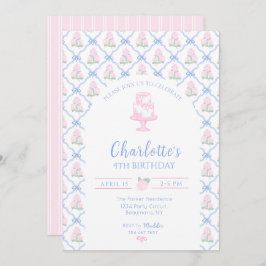 Convites Trellis de Hortênsia Verde Rosa com Laço Azul