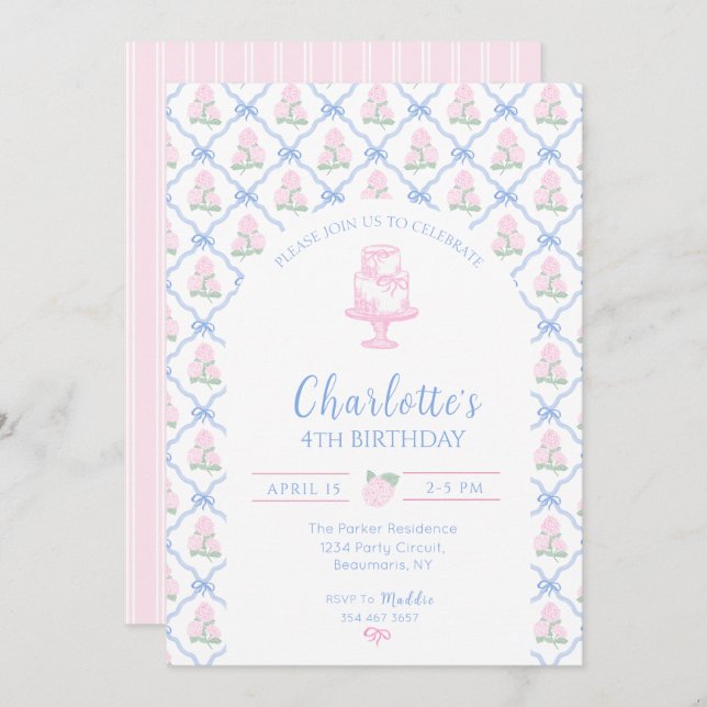 Convites Trellis de Hortênsia Verde Rosa com Laço Azul (Frente/Verso)