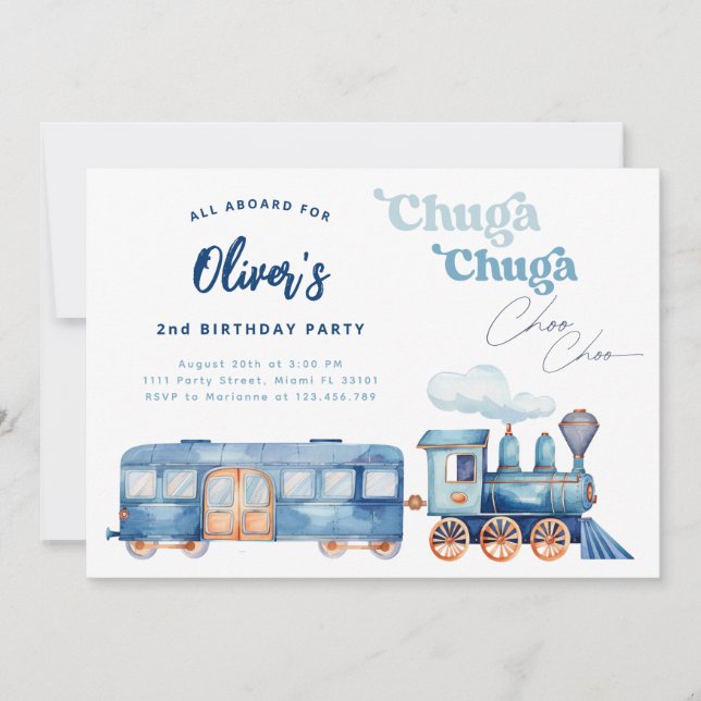 Convites Trem Azul Chuga Chuga Choo Choo Aniversário Modern (Frente)