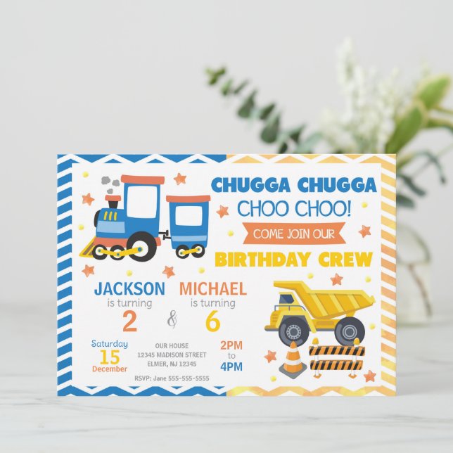 Convites Trem Choo Choo e Construção Aniversário Conjunto (Em pé/Frente)