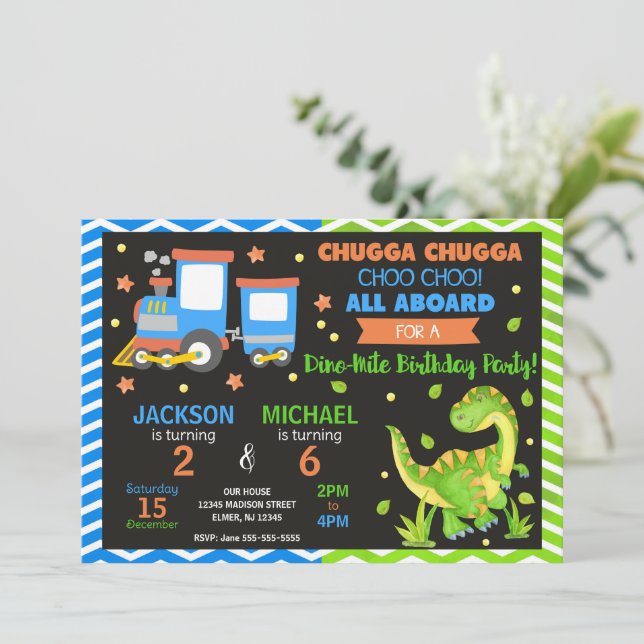 Convites Trem Choo Choo e Dinossauro Aniversário Conjunto (Em pé/Frente)
