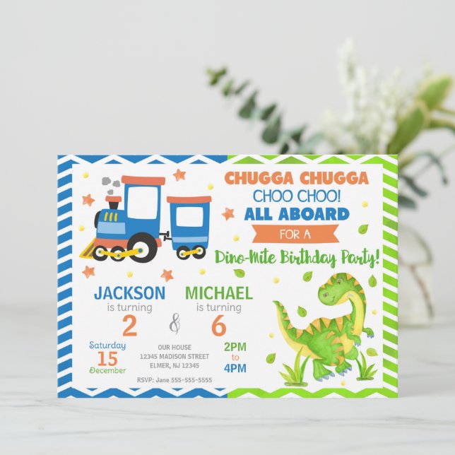 Convites Trem Choo Choo e Dinossauro Aniversário Conjunto (Em pé/Frente)