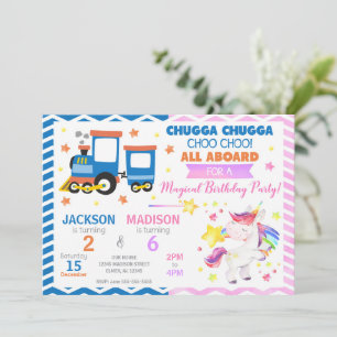 Convites Trem Choo Choo & Unicórnio Aniversário em Conjunto