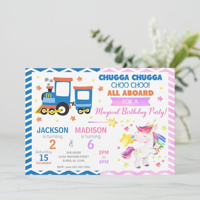 Convites Trem Choo Choo & Unicórnio Aniversário em Conjunto (Em pé/Frente)