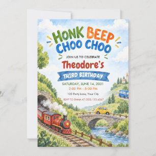 Convites Trem de Aniversário de 3 Anos Honk Beep Choo Choo