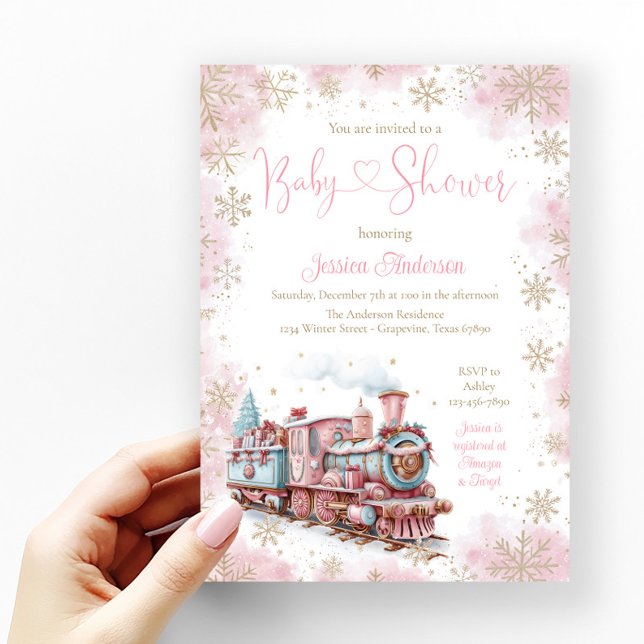 Convites Trem de Natal para Menina, Chamada de Chá de Bebê  (Pink and gold snowflake baby shower invitation with cute pastel Christmas train.)