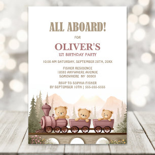 Convites Trem de Urso Teddy Fofo para Festa de 1º Aniversár
