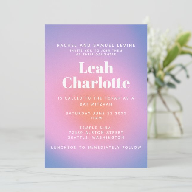 Convites Trendent Retro Gradient Pink e Purple Bat Mitzvah (Em pé/Frente)