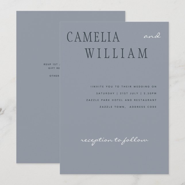 Convites Trending Modern Wedn Dusty Texto Branco Azul (Frente/Verso)