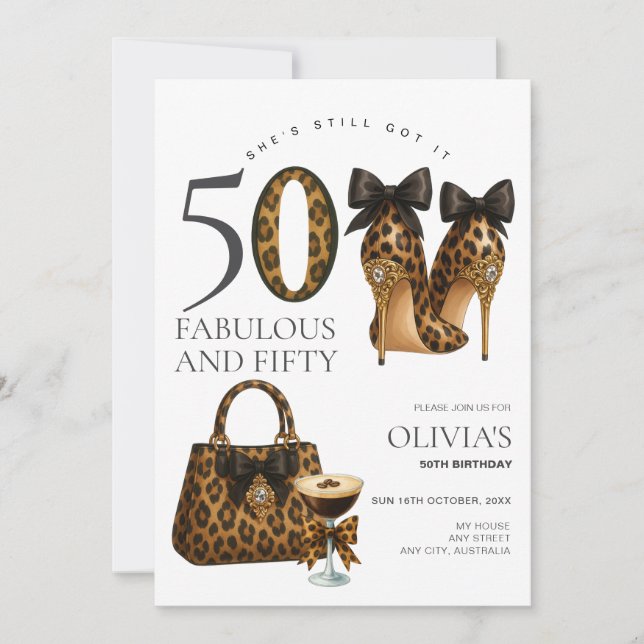 Convites Trendy 50th Leopard Imprime Fabuloso e 50 Aniversá (Frente)