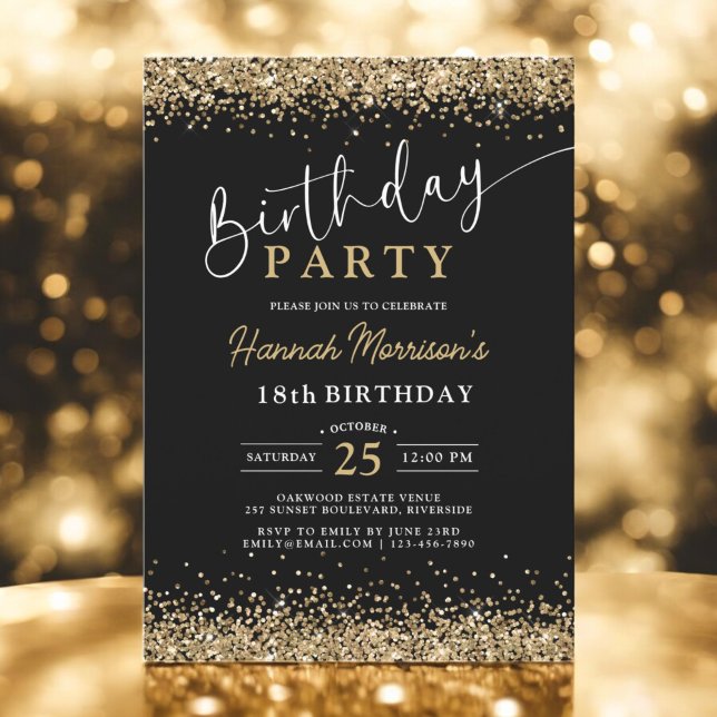 Convites Trendy Black 18th Glitter, Dourado, qualquer Anive (Criador carregado)