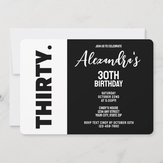 Convites Trendy Black and White Bold aniversário de 30 anos (Frente)