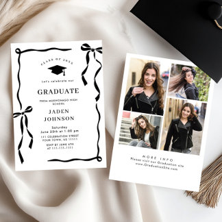 Convites Trendy Black Bow Ribbon 4 PHOTO Graduation Party
