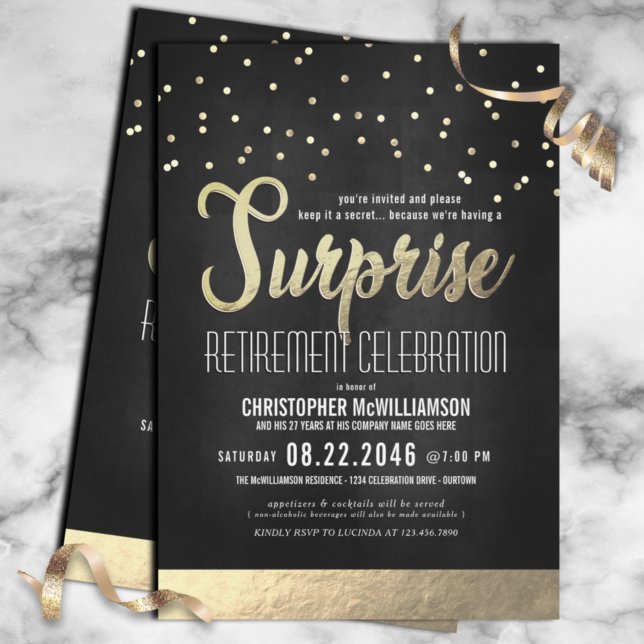 Convites Trendy Black/Dourado Surprise Retirement Party (Criador carregado)