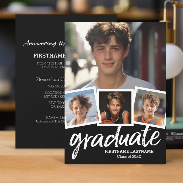 Convites Trendy Black Graduation Announment Party 4 Foto (Classic Graduation Announcement and Party Invitation with 4 Photos)