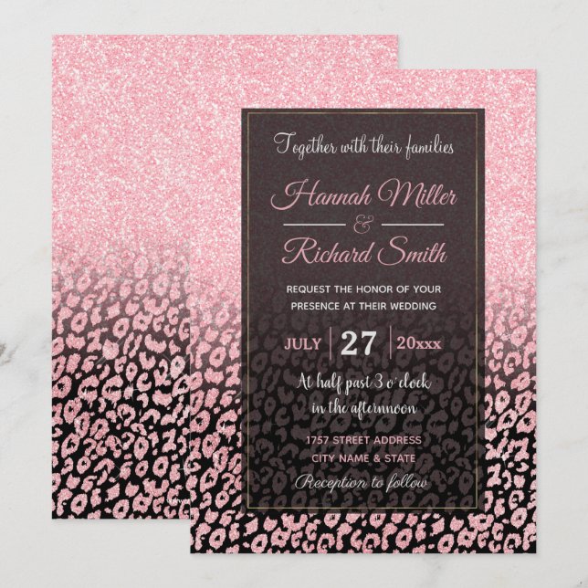 Convites Trendy Black Rosa Dourado Glitter Leopard Ombre (Frente/Verso)