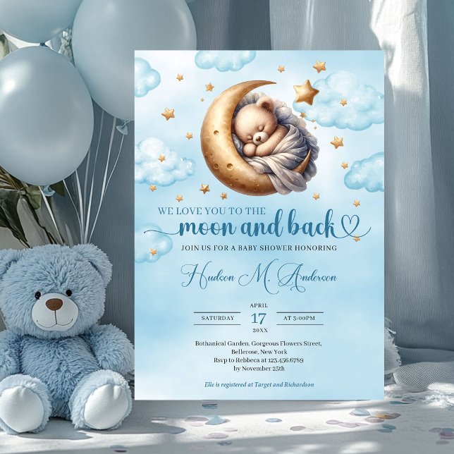 Convites Trendy Blue e gold moon e back Boy Chá de fraldas (we love you to the moon and back - boy baby shower invitation)