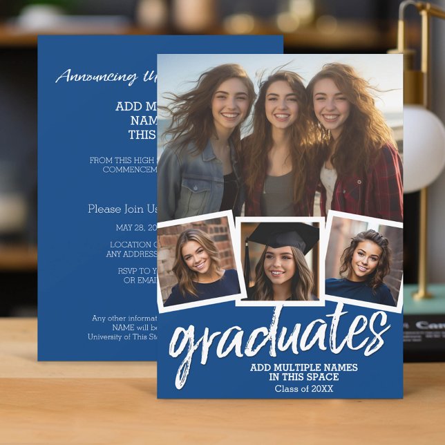 Convites Trendy Blue Graduation Group Party 4 Foto (Group Graduation Invitation with 4 Photos and Party Information)