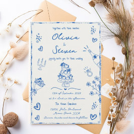 Convites Trendy Blue Hand Drawn Quirky Scribble Wedding