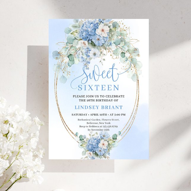 Convites Trendy Blue Hydrangea Gold Frame 16th Birthday  (Trendy Blue Hydrangea Gold Frame 16th Birthday Invitation)