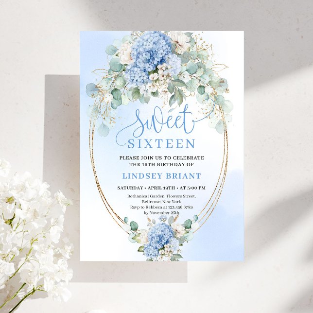 Convites Trendy Blue Hydrangea Gold Sweet Sixteen Party  (Trendy Blue Hydrangea Gold Sweet Sixteen Party Invite)