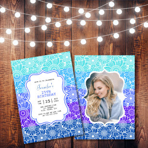 Convites Trendy Blue Mint Stripes Foto Floral Aniversário