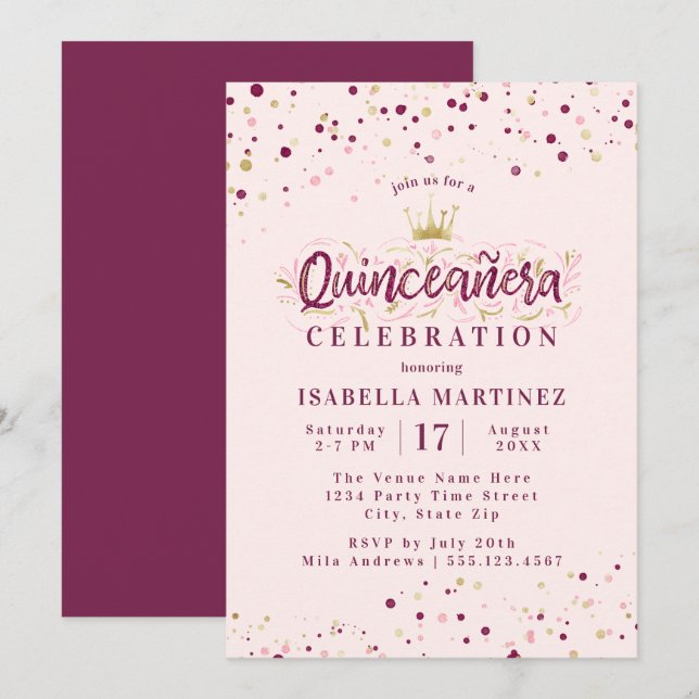 Convites Trendy Blush Burgundy e Confetti Quinceañera Doura (Frente/Verso)