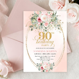 Convites Trendy Blush Floral Gold Boho 90th Birthday Invite