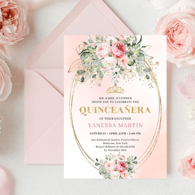 Convites Trendy Bohemian Blush Floral Quinceañera Invitatio (Trendy Bohemian Blush Floral Quinceañera Invitation)