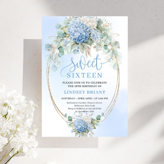 Convites Trendy Boho Blue Hydrangea Sweet Sixteen Party   (Trendy Boho Blue Hydrangea Sweet Sixteen Party Invite)
