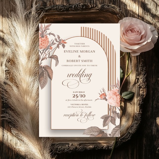 Convites Trendy boho blush rosa marfim castanho (Trendy boho arch blush living roses ivory brown invitation)