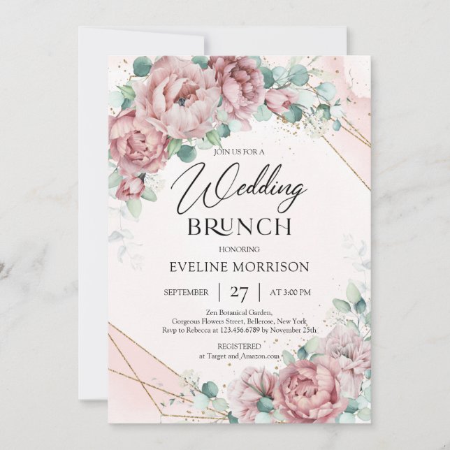 Convites Trendy boho blush rosas eucalyptus brunch (Frente)