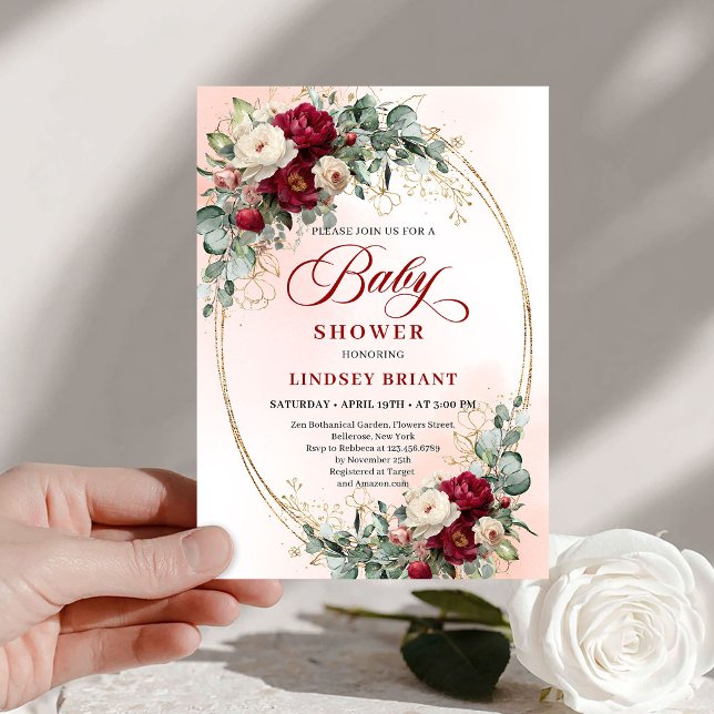 Convites Trendy Boho Burgundy Peony Baby Shower Invitation (Trendy Boho Burgundy Peony Baby Shower Invitation)