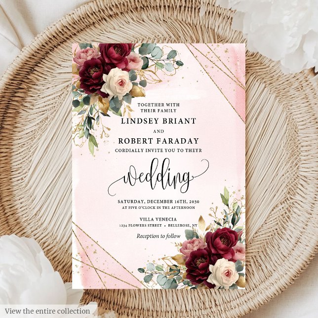 Convites Trendy Boho Dark Red Blush Flowers Casamento (Trendy Boho Dark Red Gold Blush Flowers Wedding Invitation)