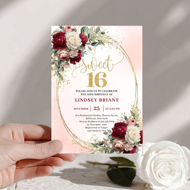 Convites Trendy Boho Deep Red Gold Floral 16th Birthday  (Trendy Boho Deep Red Gold Floral 16th Birthday Invite)