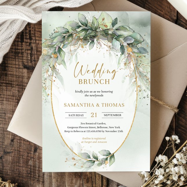 Convites Trendy boho eucalyptus green gold brunch (Boho eucalyptus greenery foliage gold oval arch wedding invitation digital)