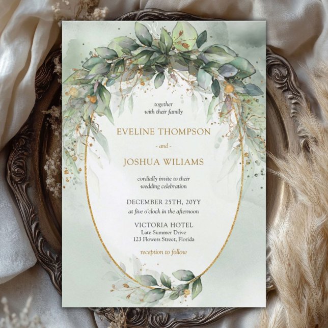 Convites Trendy boho eucalyptus greenery gold casamento (Modern watercolor eucalyptus wreath gold frame wedding invitation digital)