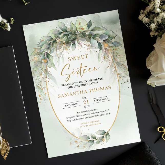Convites Trendy boho eucalyptus verde-ouro 16 (watercolor greenery eucalyptus sweet sixteen invitation digital)
