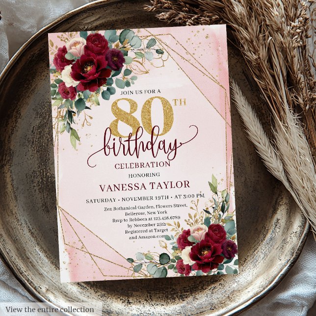 Convites Trendy Boho Marsala, Flores Douradas 80 de Anivers (Trendy Boho Marsala Gold Flowers 80th Birthday Invitation)
