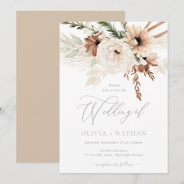 Convites Trendy Boho Neutral Florals Wedding (Frente/Verso)