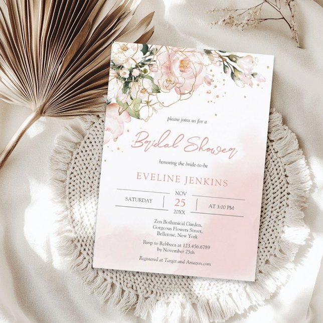 Convites Trendy Boho pincelava flores rosa e douradas eucal (Trendy Boho blush pink and gold flowers eucalyptus Invitation)