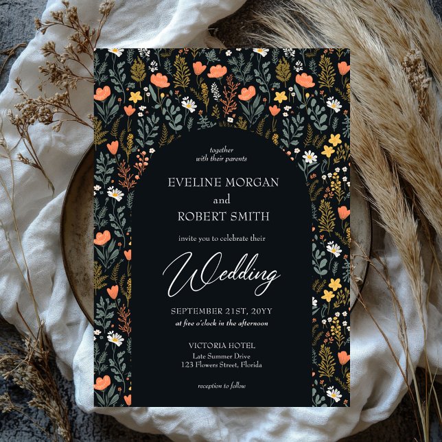 Convites Trendy Boho primavera selvagem flores marinho (groovy retro flat cotagecore wild flowers wedding invitation)
