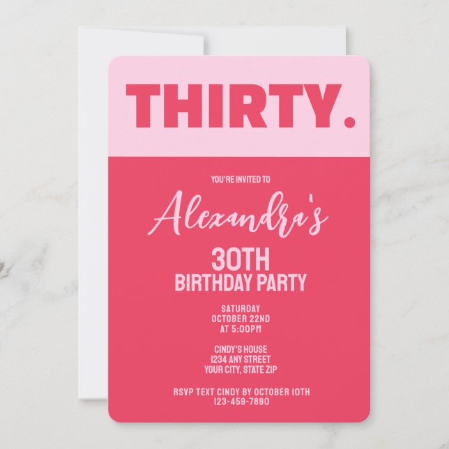 Convites Trendy Bold Pink e Red Girly aniversário de 30 ano (Frente)