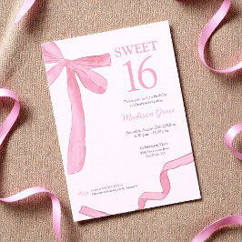 Convites Trendy Bow Ribbon Coquette Sweet 16 Blush Pink 