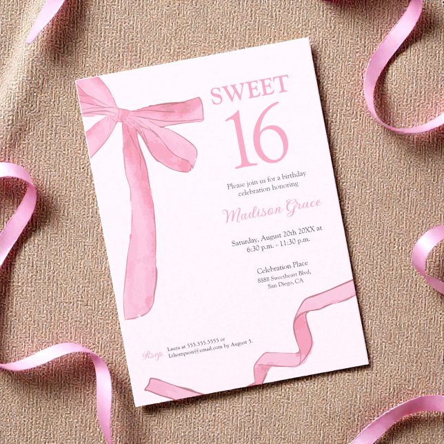 Convites Trendy Bow Ribbon Coquette Sweet 16 Blush Pink  (Trendy, coquette pink bow Sweet 16 invitation.)